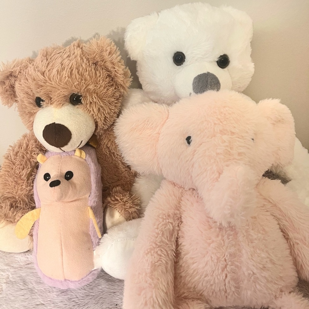 Plush Toy Set - Pink Elephant, Purple Hedgehog, White and Brown Bears